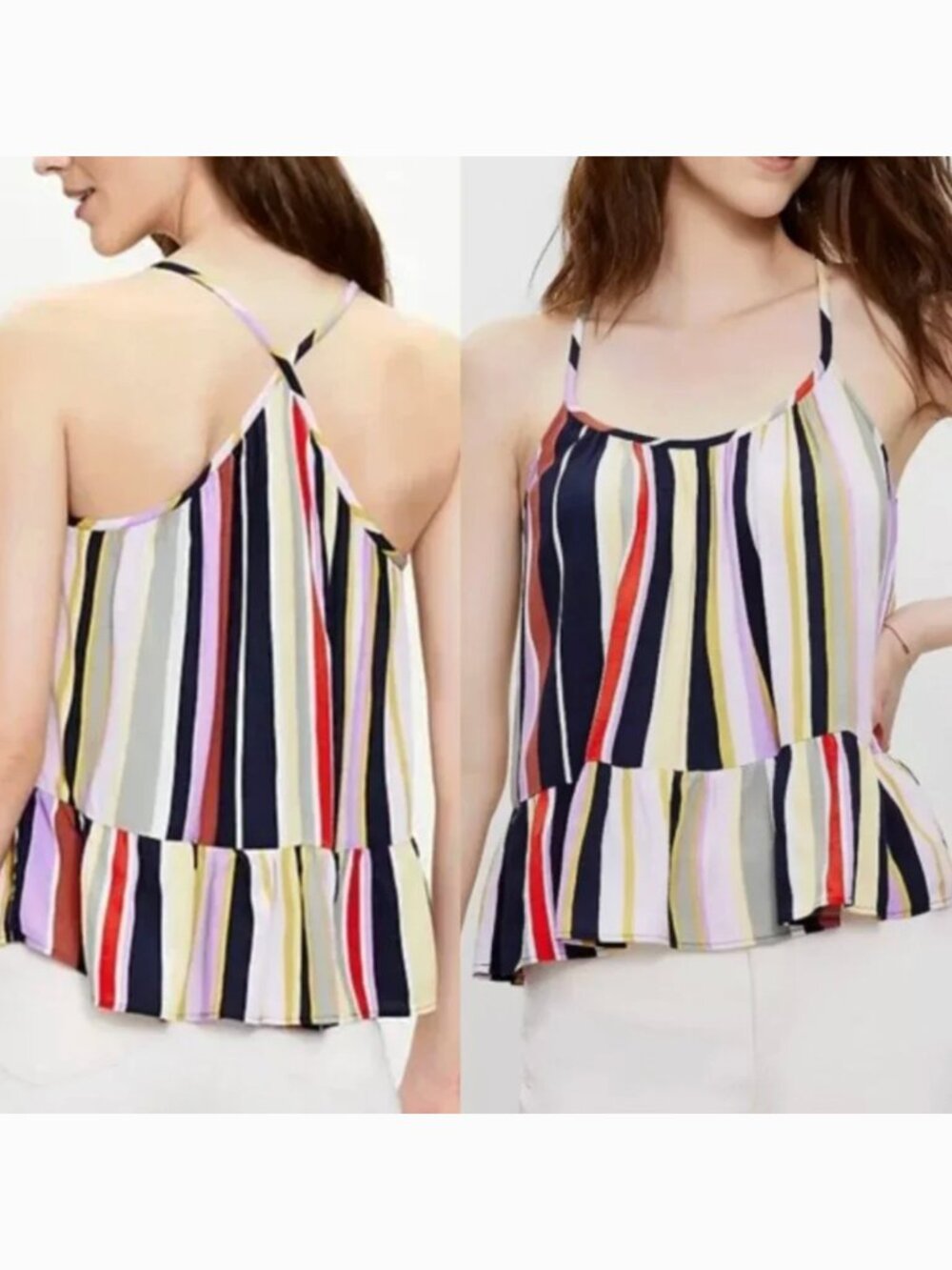 ANN TAYLOR LOFT Striped Shirred Peplum Cami Black Multi Sleeveless Tank Blouse